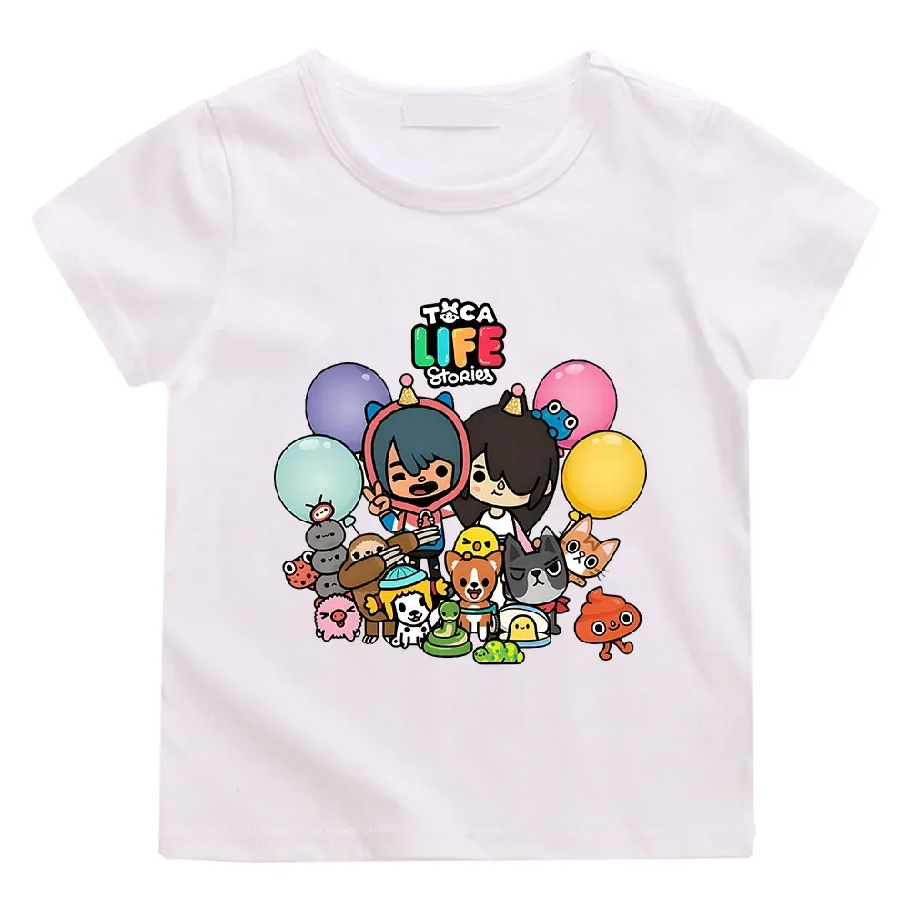 Desenhos animados gráfico impresso t-shirt para meninas e meninos, manga curta, confortável, versátil, roupas de verão, jogo, Toca, Boca e Gacha, mundo da vida