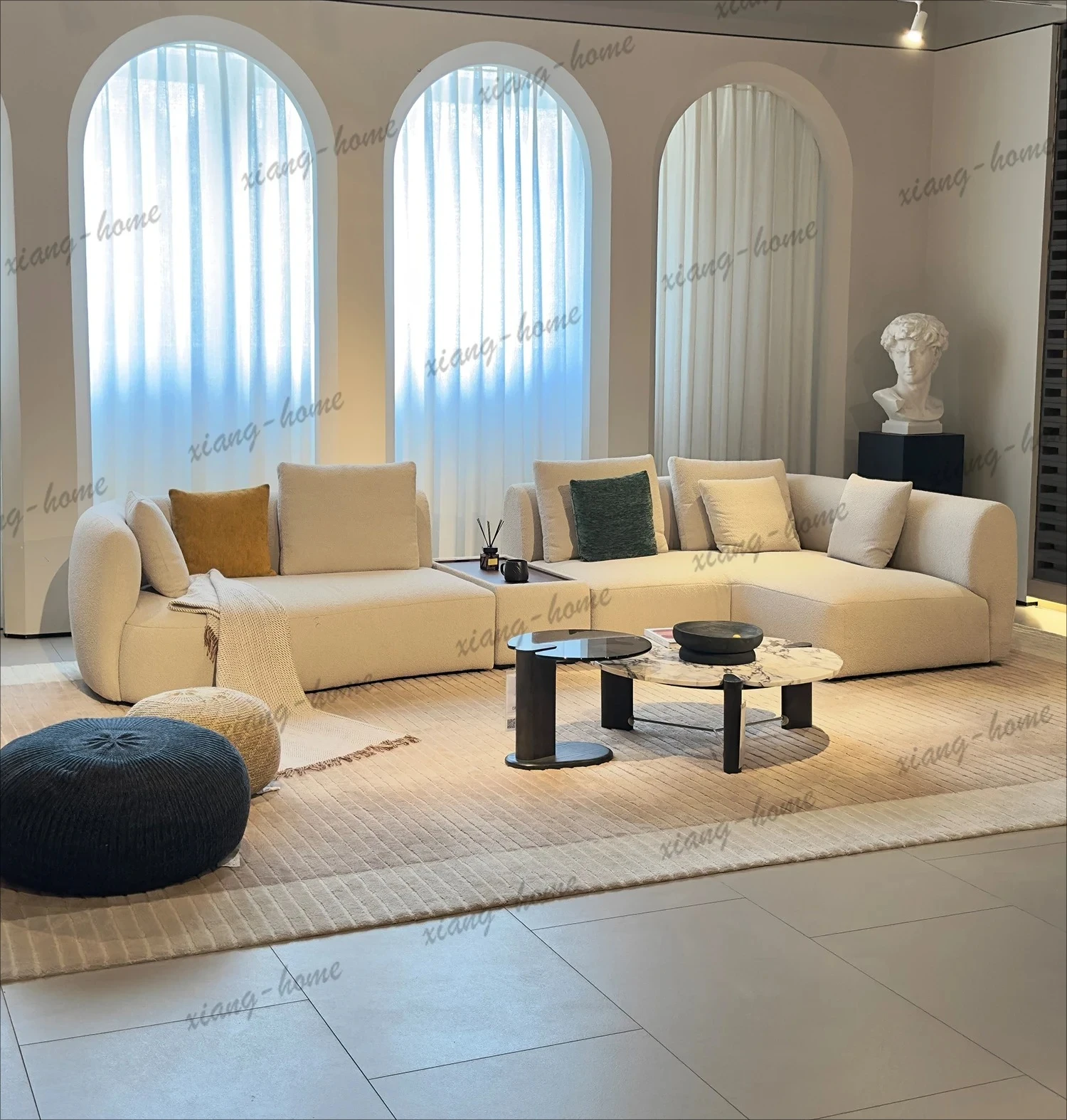 Cream Boucle L Shaped Modular Sofa Built In Side Table Rounded Armrest Pillow Backrest For Living Room Villa Bedroom Home Decor