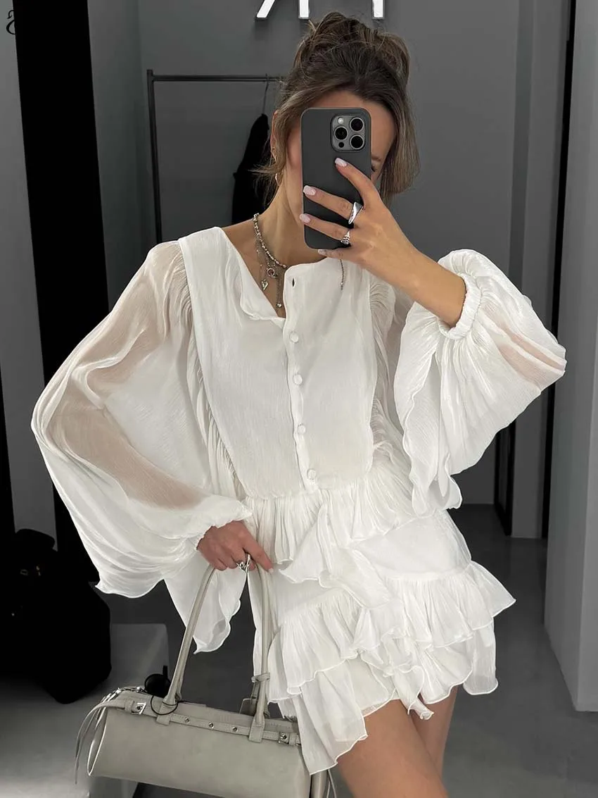 

Oymimi Fashion White O-Neck Womens Dresses Autumn Batwing Sleeve Single Breasted Button Dresses Causal Pleated Mini Dress Female