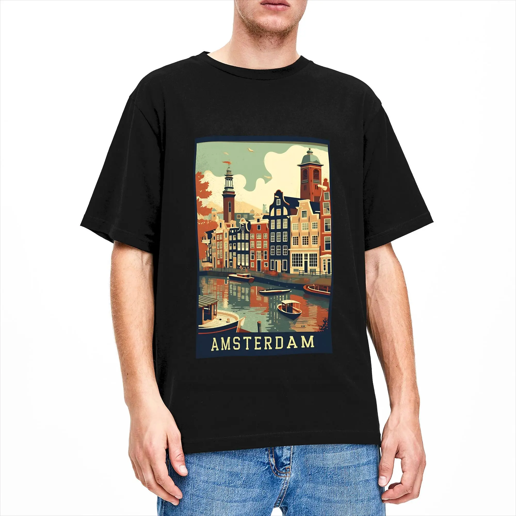 Amazing Amsterdam Netherlands Vintage Poster T-Shirts for Men Crewneck 100% Cotton T Shirt  Short Sleeve Tees Unique Clothes