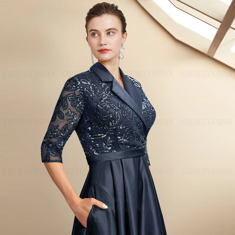 Elegante vestido de cetim feminino, azul marinho, linha A, vestido de casamento formal, mangas curtas, vestidos para a mãe da noiva, 2024