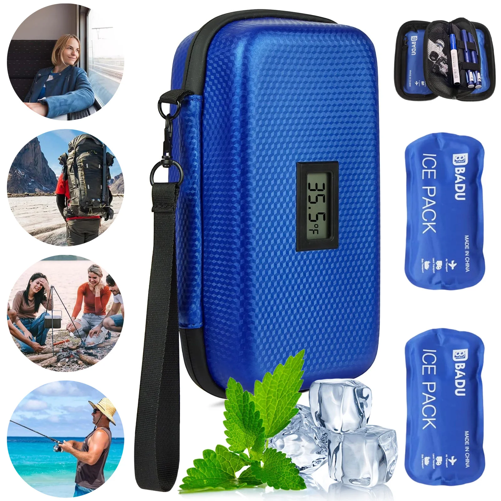Insulin-Kühltasche mit Temperaturanzeige, kompakte, tragbare Insulin-Reisekühltasche mit 2 wiederverwendbaren Eispacks, gekühlte Medikamenten-Organizer-Tasche