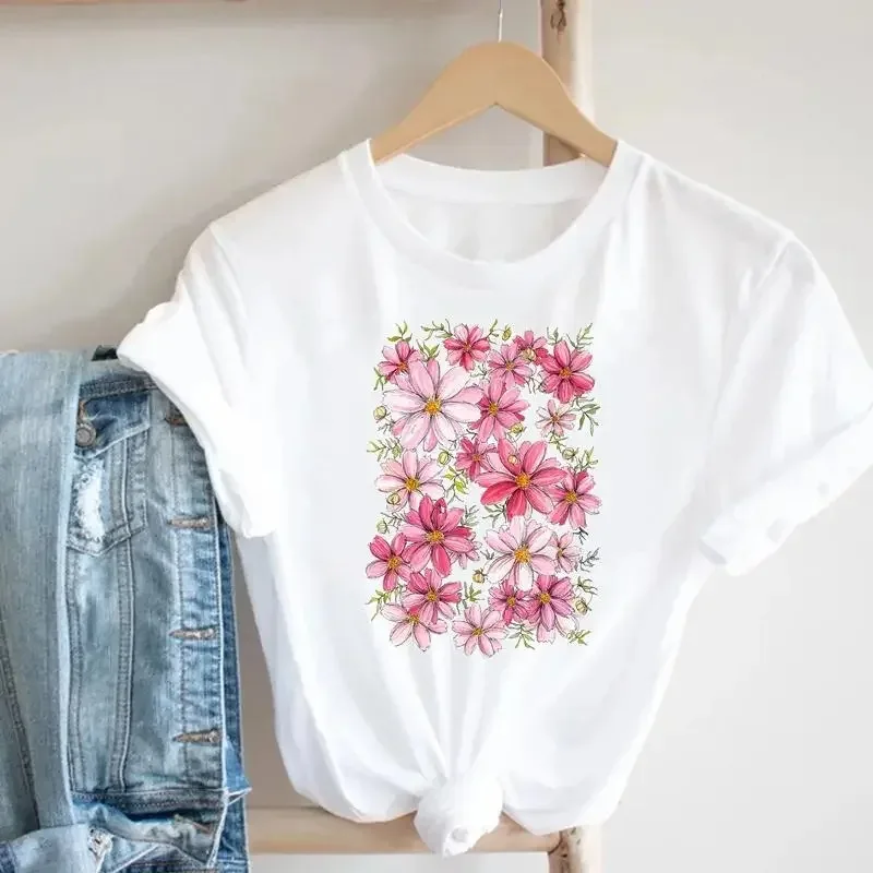 

New 90’s Women's T-shirt Fashion Flower Print Clothing Women T Shirt Harajuku Floral Graphic Short Sleeve Clothing Women's Top