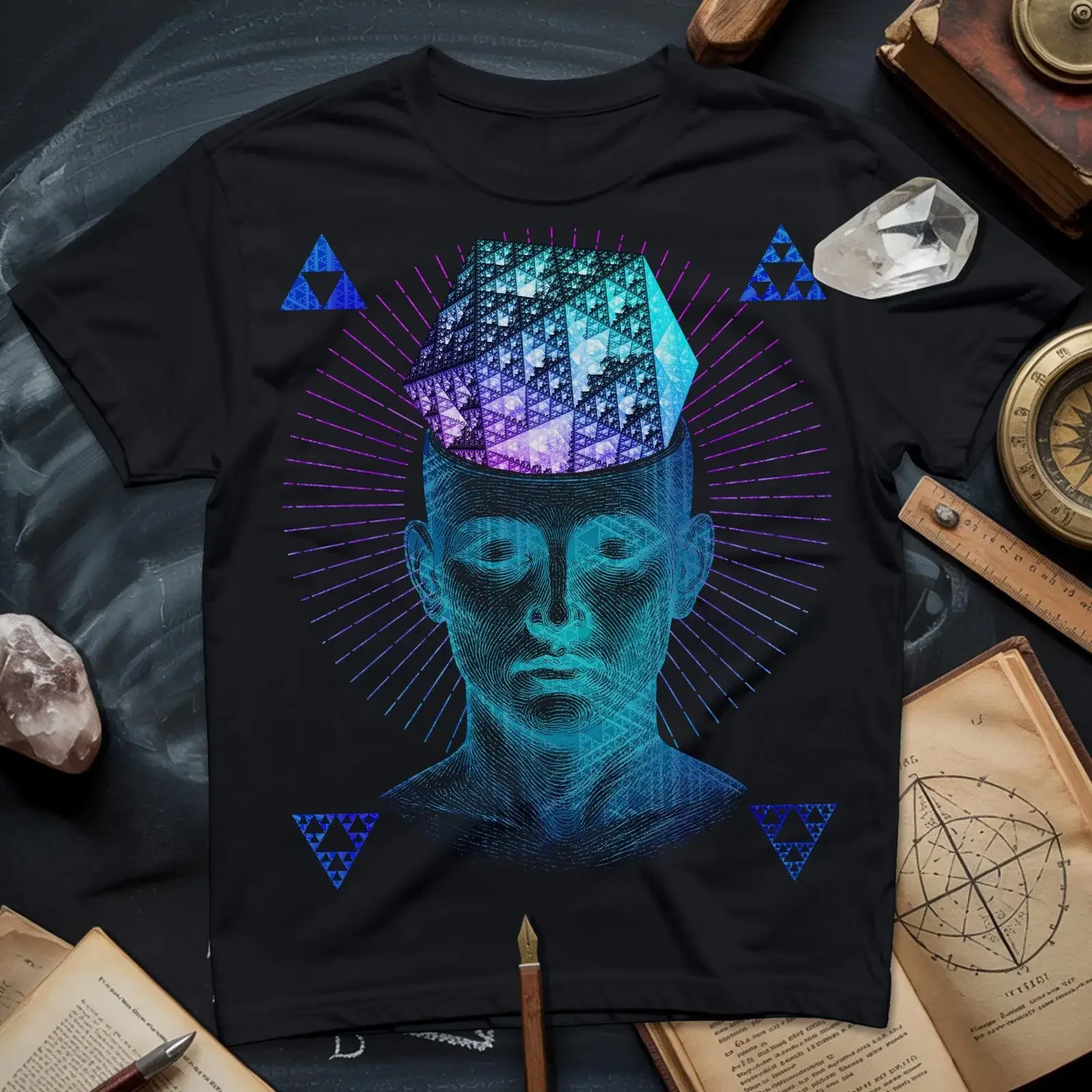 Sierpinski Fractal Head T Shirt Sacred Geometry  vintage Washed designer clothes Stretched streetwear Stylish Breathable