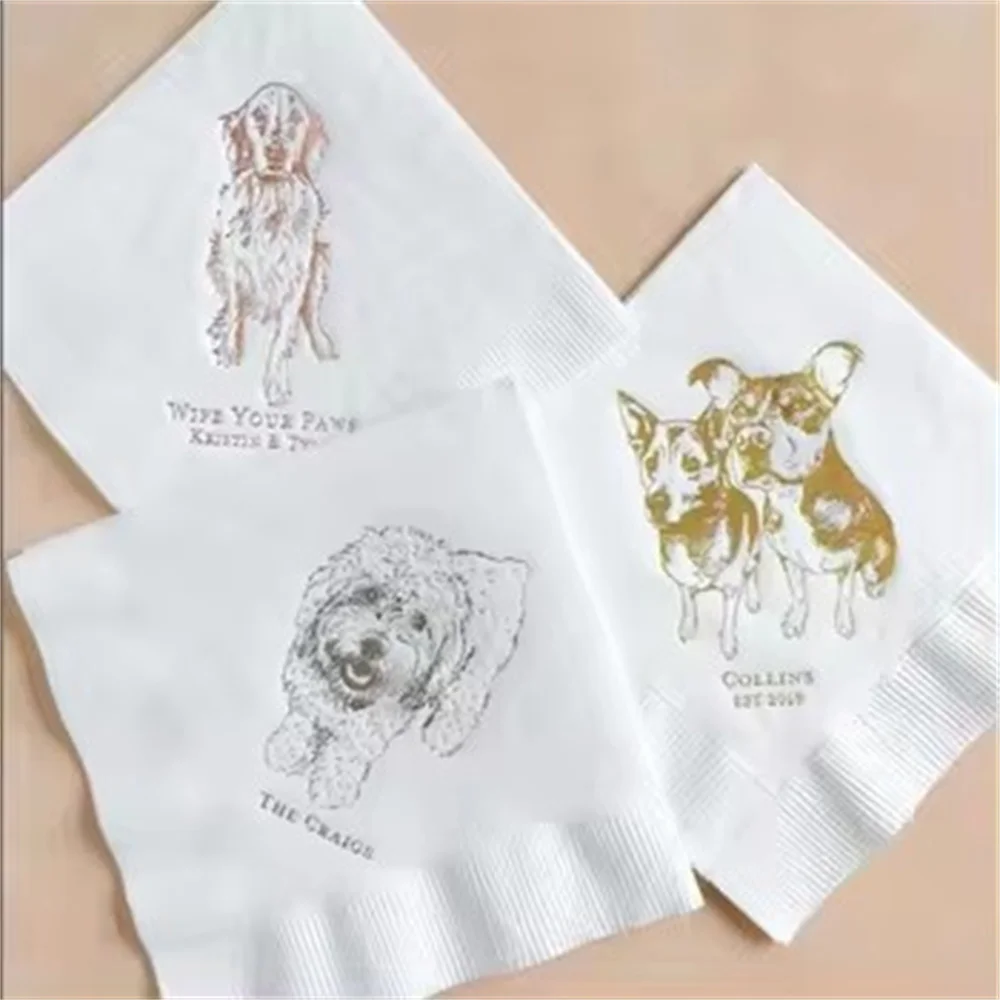 

50pcs Custom Illustrated Dog Wedding Napkins, Bridal Shower, Engagement Party, Custom Bar Napkins, Custom Pet Wedding Napkins