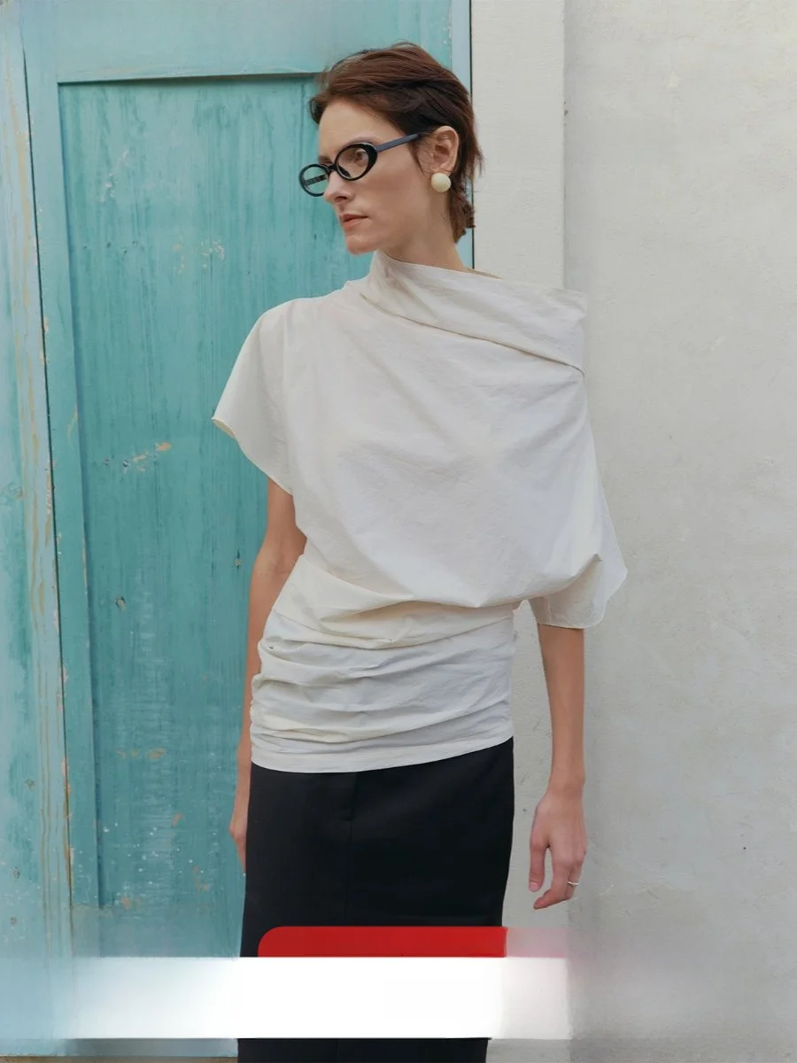 

Pred White Bla Crepe Wide Collar ort Sve Cotton Top Low Waist Commute Suit f Skirt Pure Color Straight Cut Summer