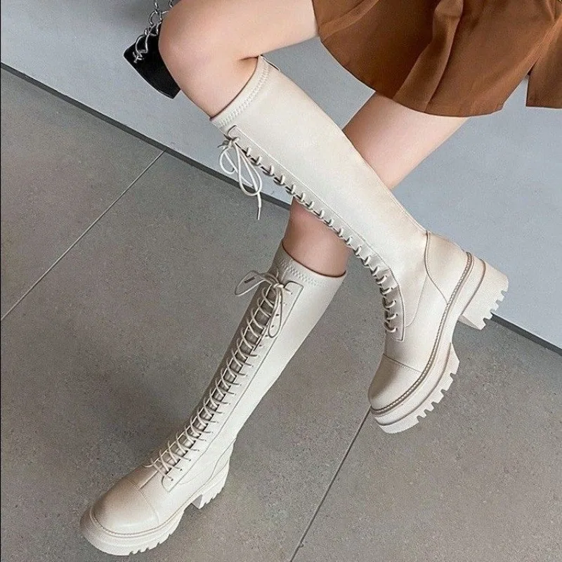 Shoes for Woman Footwear with Laces New Rock Long Women\'s Boots Black Winter Knee High Shaft White Lace-up Waterproof Cosplay In