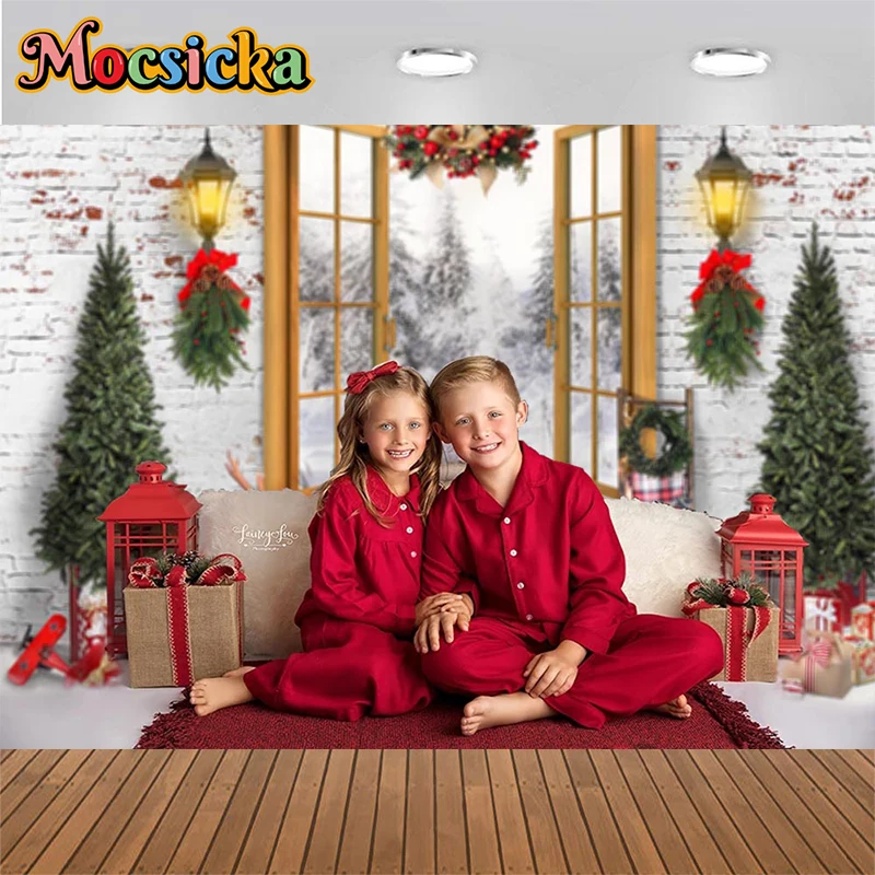 

Mocsicka Christmas Decoration Photography Background Xmas Tree White Brick Wall Window Light Gift Snowscape Photo Backdrop Props