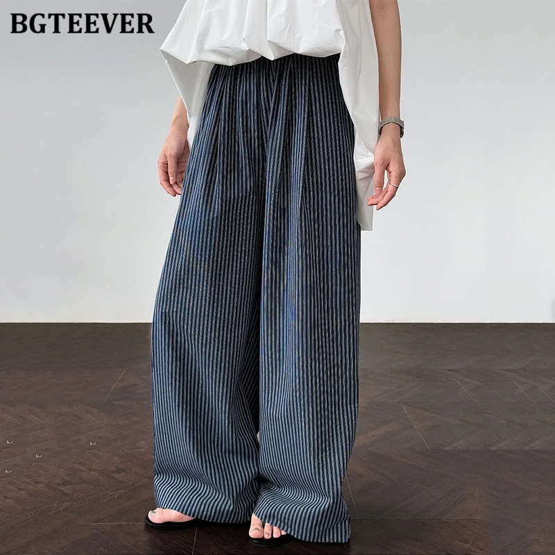 

BGTEEVER Stylish Pockets Ladies Striped Trousers Casual Loose Women Wide Leg Pants Spring Summer