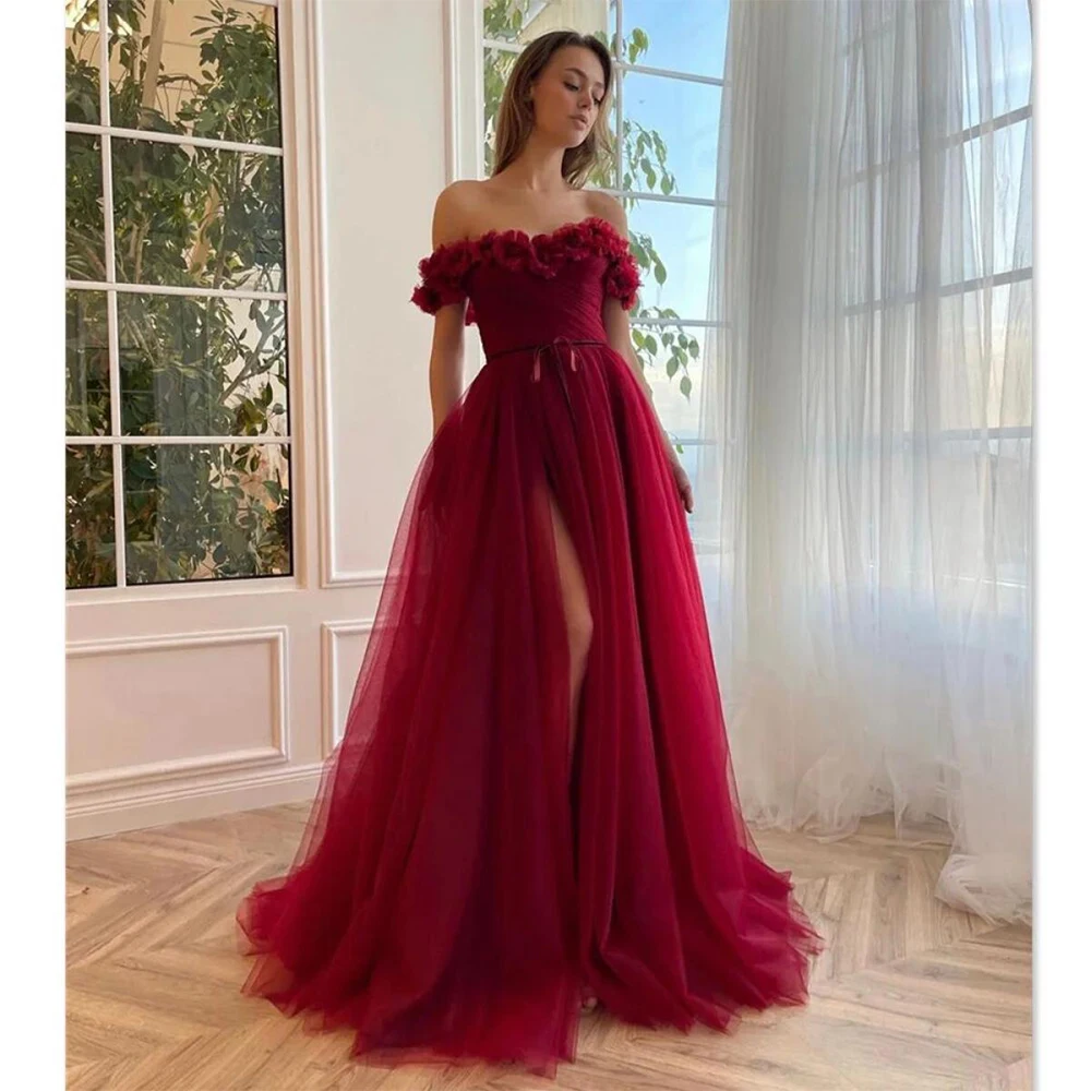 

Dream Red Elegant Evening Dresses Tulle for Floor-Length Off the Shoulder Prom Dress Flowers High Slit A-line Customized