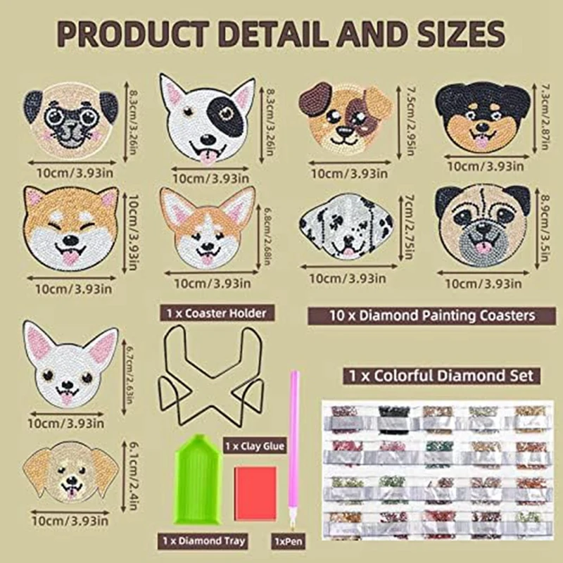 จานรองแก้วภาพวาดเพชรรูปสุนัขแบบทำมือชุดจานรองแก้วเพ้นท์เพชรรูปสุนัขพร้อมที่จับ