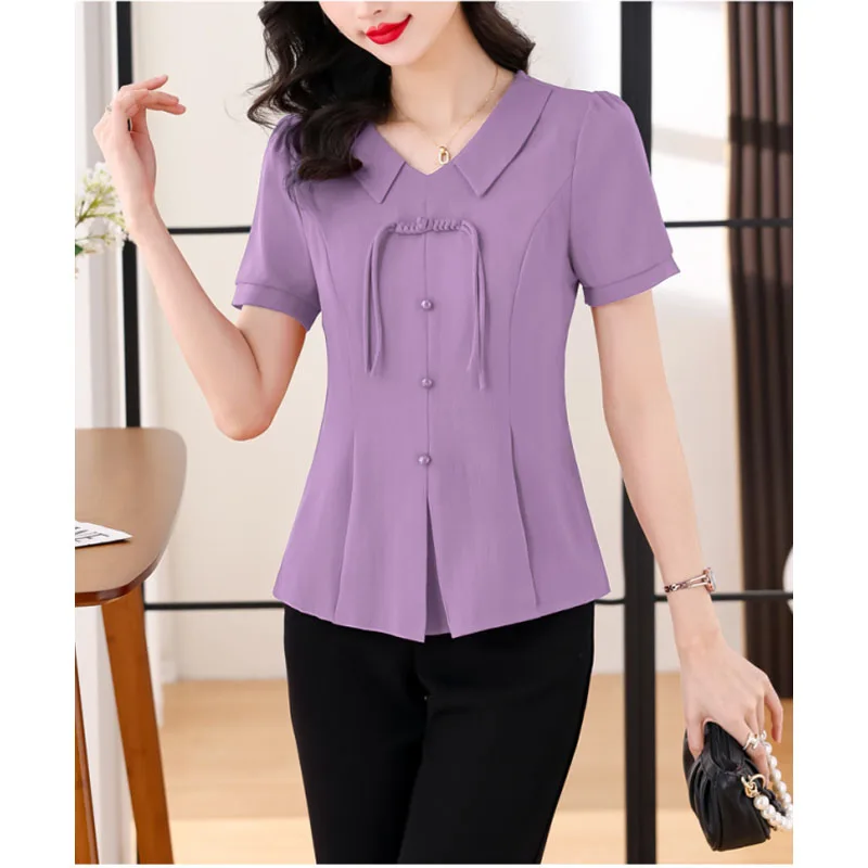 2024 New Women's Summer Korean Version Solid Color Peter Pan Collar Button Versatile Appear Thin Fashion Short Sleeve Shirt Tops