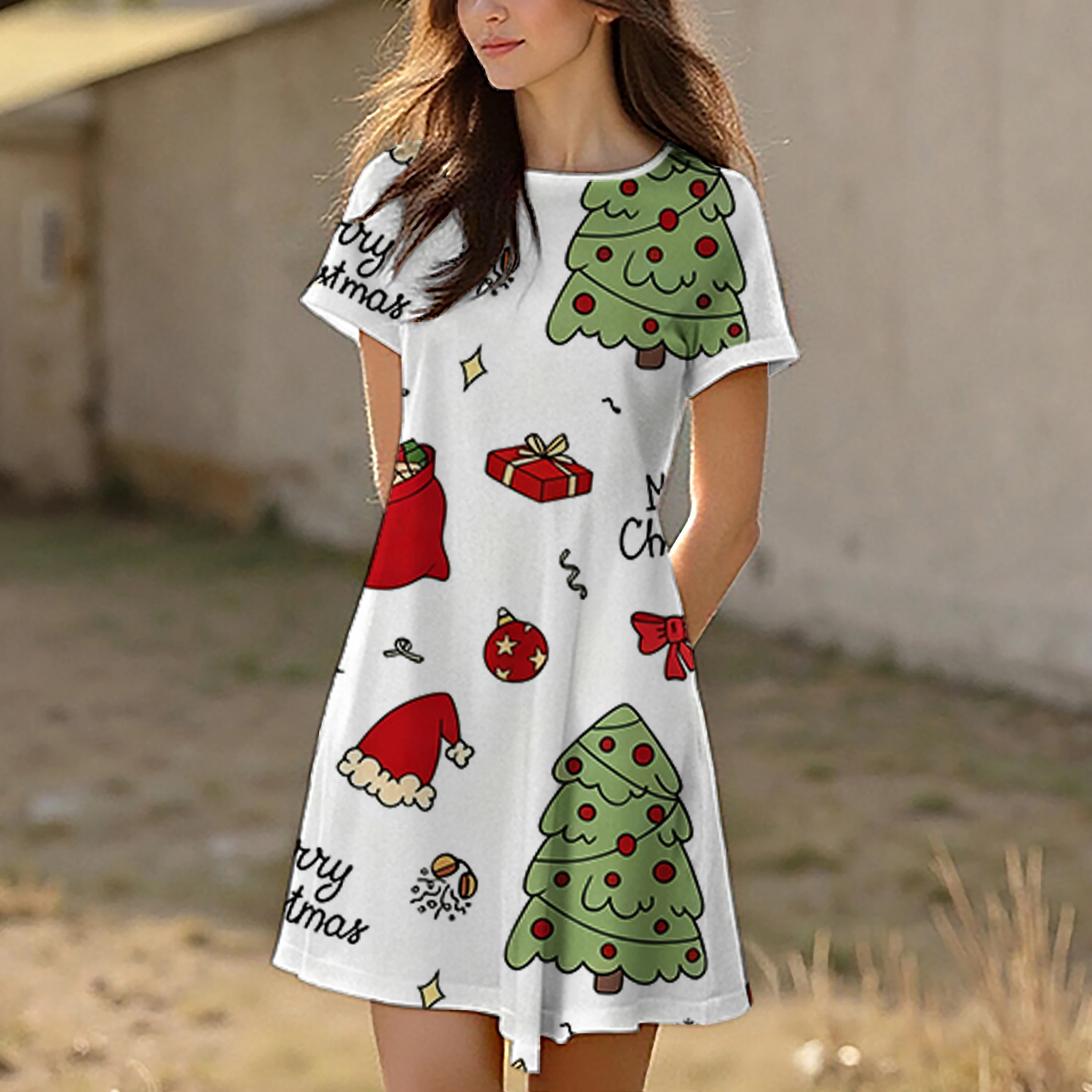 فستان نسائي صيفي لعيد الميلاد برقبة دائرية وأكمام محيطة، كاجوال، مريح وأنيق بنمط عيد الميلاد