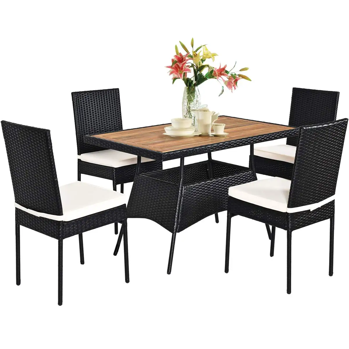 5 Piece Wicker Patio Dining Set, Outdoor Rattan Table & Chairs With Cushions For Garden Poolside, Wood Top, Customized