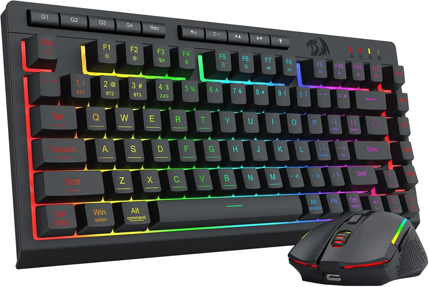 

Беспроводной игровой комплект клавиатура+мышь, Bluetooth/2.4G/USB-C проводной, RGB-подсветка, 75% форм-фактор, портативный, бесшумный, перезаряжаемый