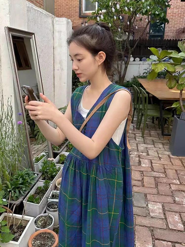 Topenomi Vintage Checks Sleeveless Evening Dress Women Korean Chic V Neck Waist Loose A-line Birthday Party Long Dresses Fashion