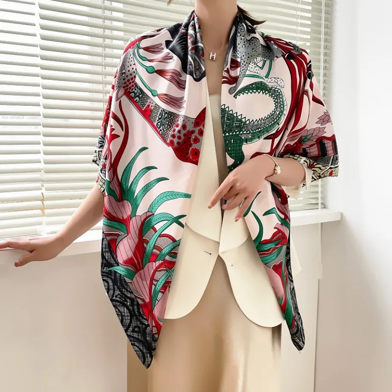 Women's 130cm Elephant Silk Scarf Forest Conference Shawl Headscarf Simulated Silk Decorate Gift Accessories for Ladies