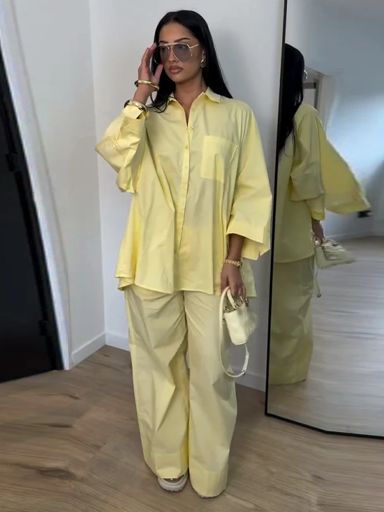 Elegante Damen-Hosenanzüge mit Revers: Oversized Hemd, Langarm-Bluse mit Knopfleiste, Weite Hose, Schickes Einfarbiges Outfit – Detail 18