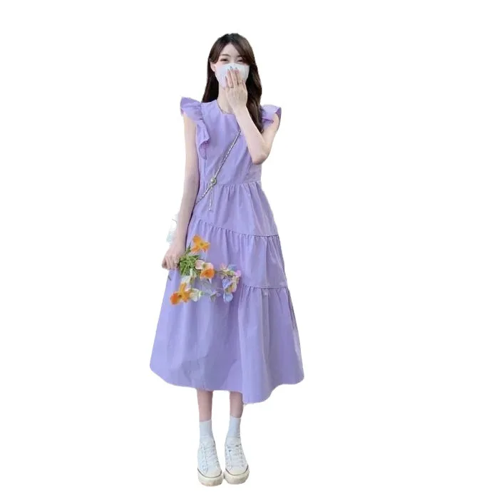 2024 New Style Sweet White and Purple Dress Women Cute Lace Up Sleeveless Long Dresses Casual Loose Holiday Vestidos Summer D05