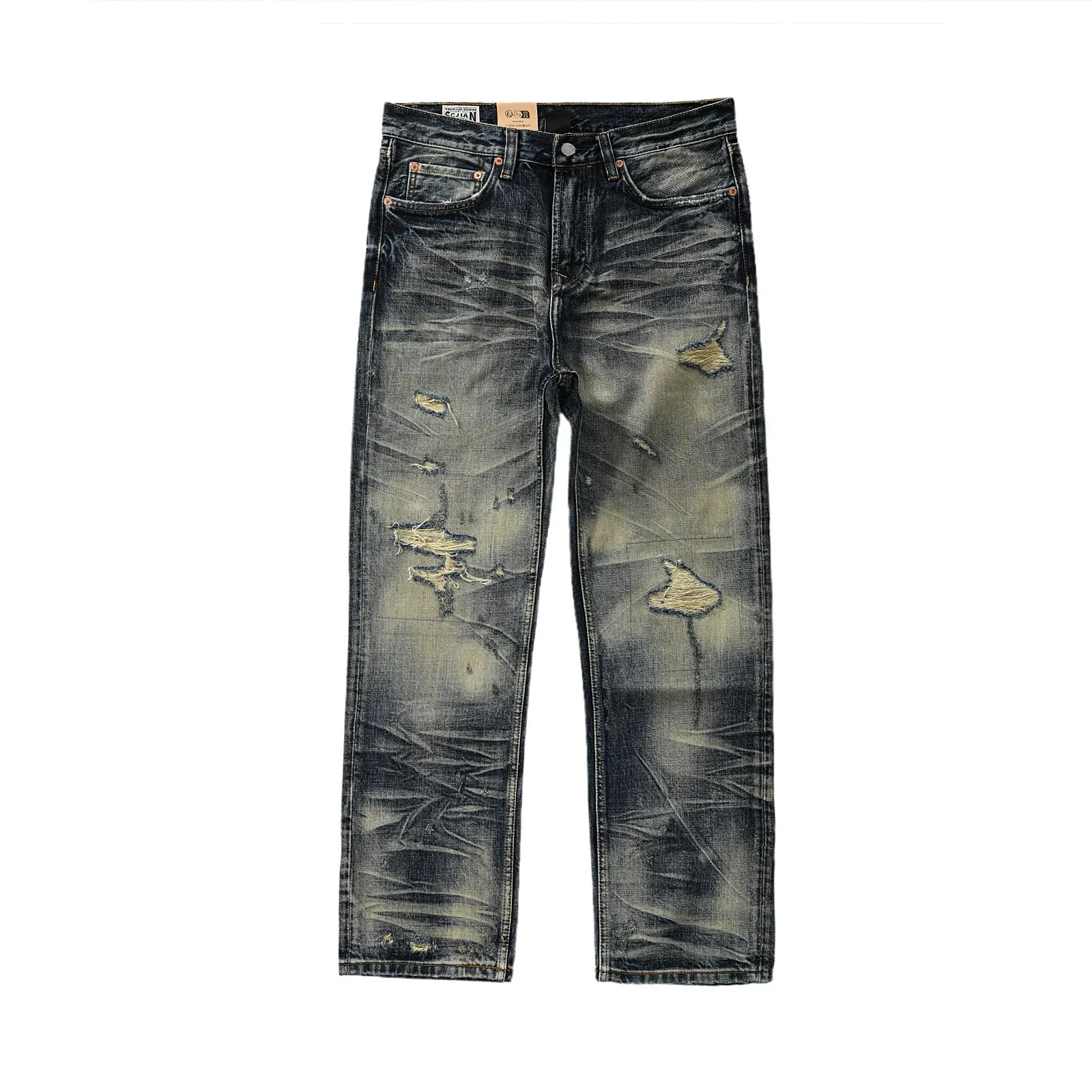 Heavyweight Yellow Mud Contrast Color Vintage American Loose Fit Distressed Jeans High-Street Edgy Style Straight Pants for Men