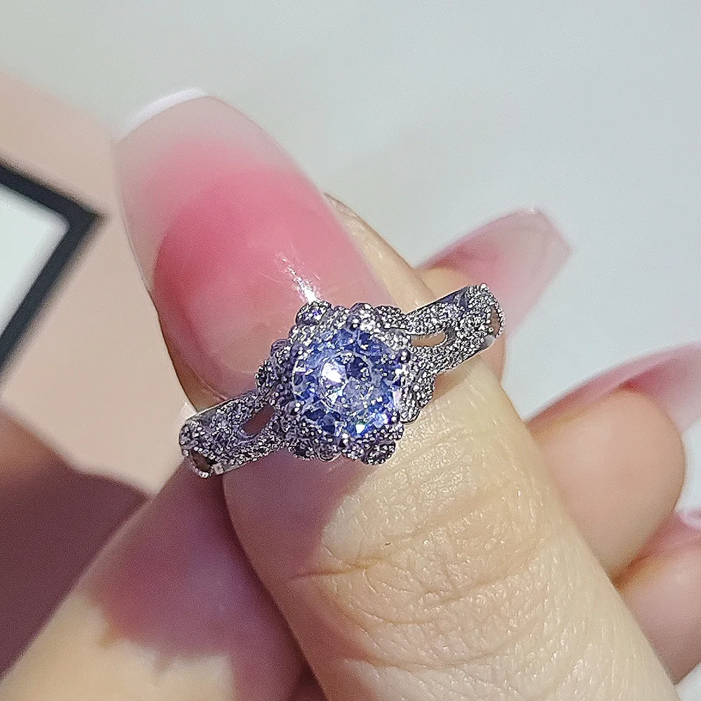 حار كلاسيكي ساطع خاتم رائعة الفضة مطعمة جولة زهرة الزركون خاتم الزواج للنساء المشاركة الأزياء والمجوهرات بالجملة