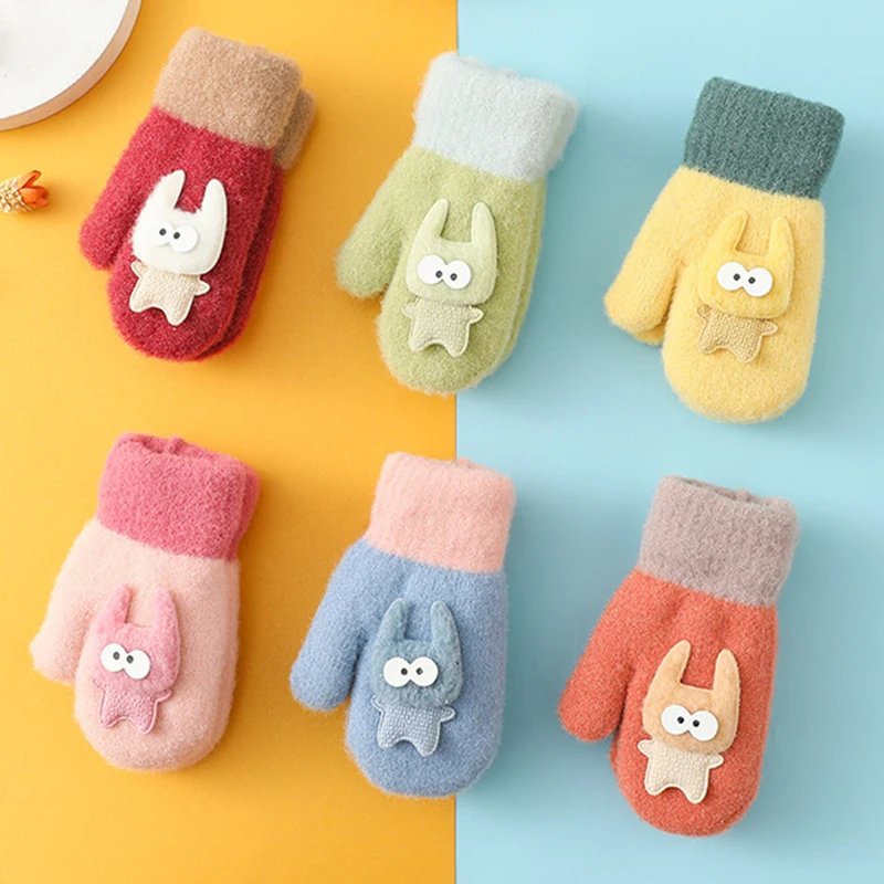 

Cute 3D Doll Winter Halterneck Gloves Warm Baby Mittens Boys Girls Kids Gloves for 1 To 3 Years Newborn Children Accessories