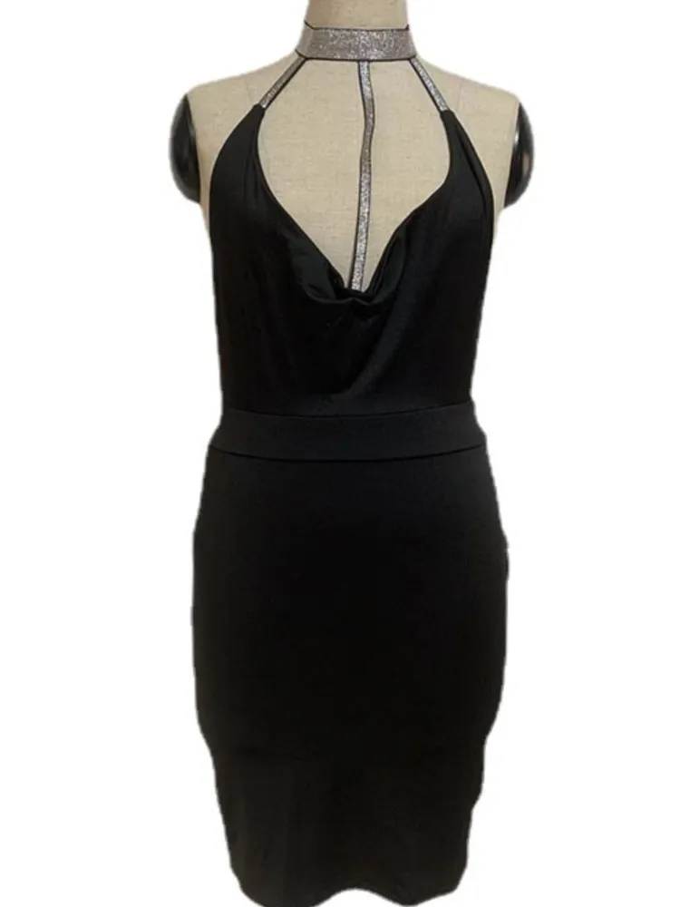 Women's Sequin V Neck Sexy Mini Dress Spaghetti Strap Low Cut Hollow Out Bocyon Nightclub Sleeveless Backless Party Gown Dresses