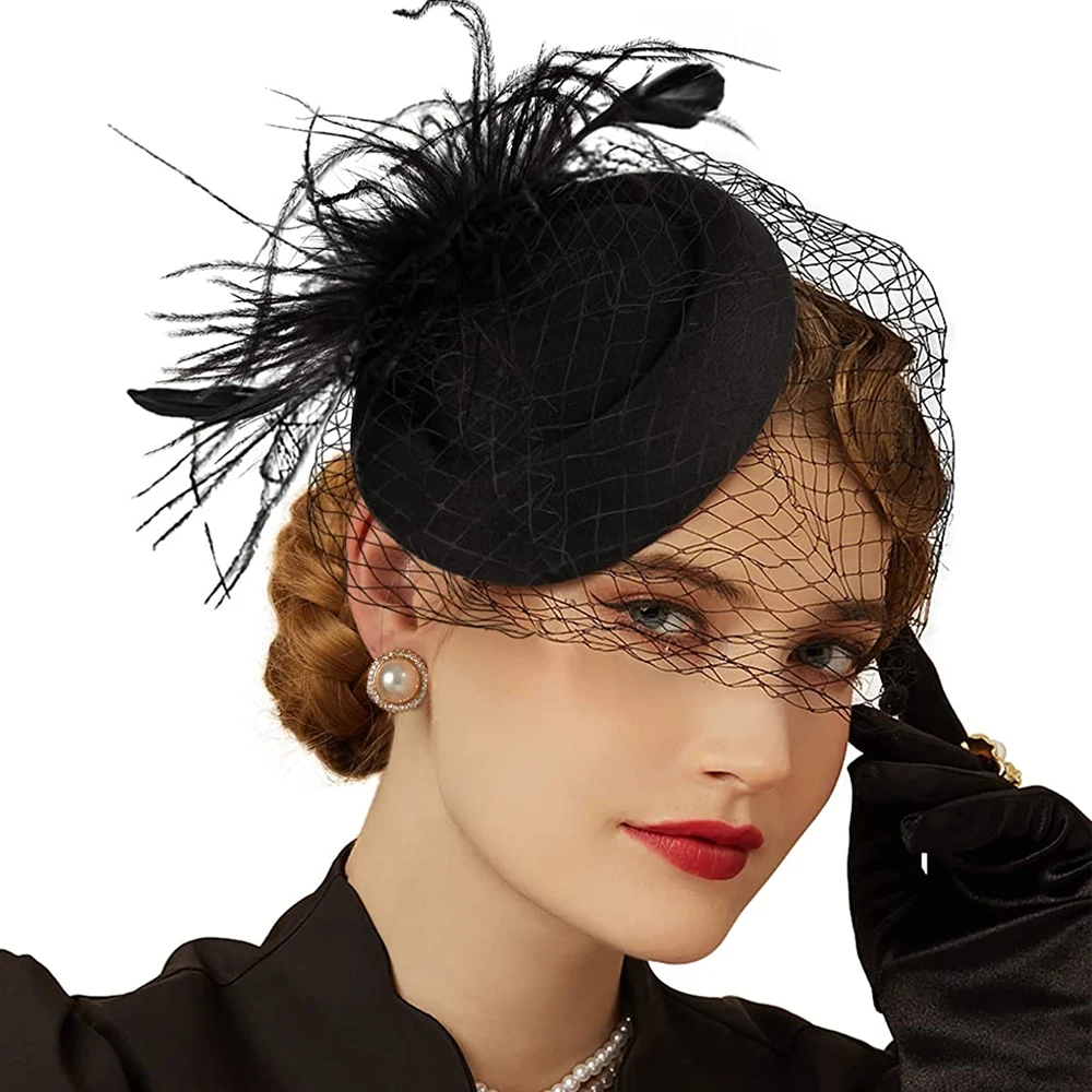 Women Feather Floral Hair Fascinator Hat Fishnet Veil Small Plush Wave Point Decor Hair Clips Wedding Headdress Hair Pins