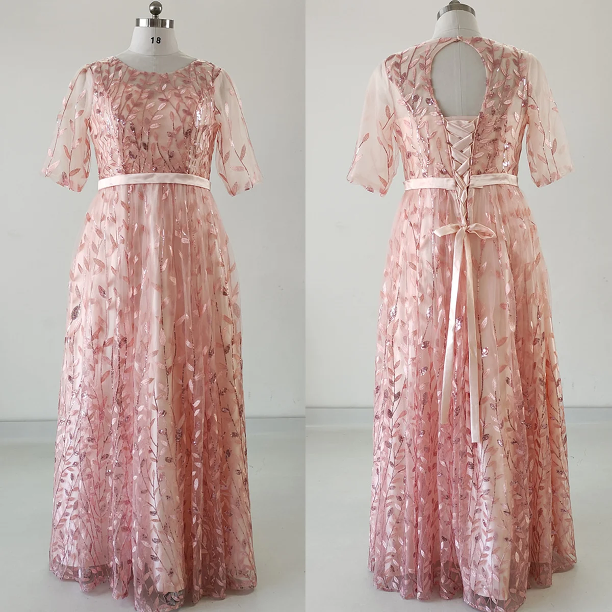 

Real Photo Evening Dress Plus size Pink Tulle Bling Embroidery O-neck Floor-length Half Sleeve Party Formal Gown robe de soiree