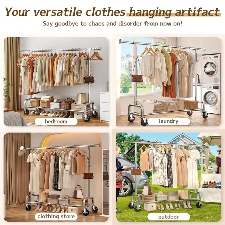 Multi-Functional Garment Rack With Locking Casters & Mesh Shelf 450LB Heavy-Duty Storage Organizer For Home And Laundry Use