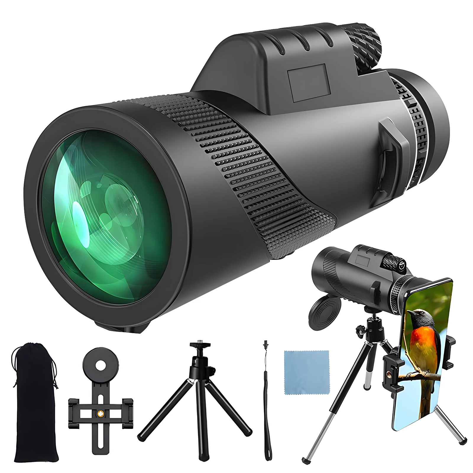 High Power 80x100 Monocular Telescope BAK4 Prism FMC Lens, Smartphone Camera Adapter Tripod Included, Waterproof Scope for Adult