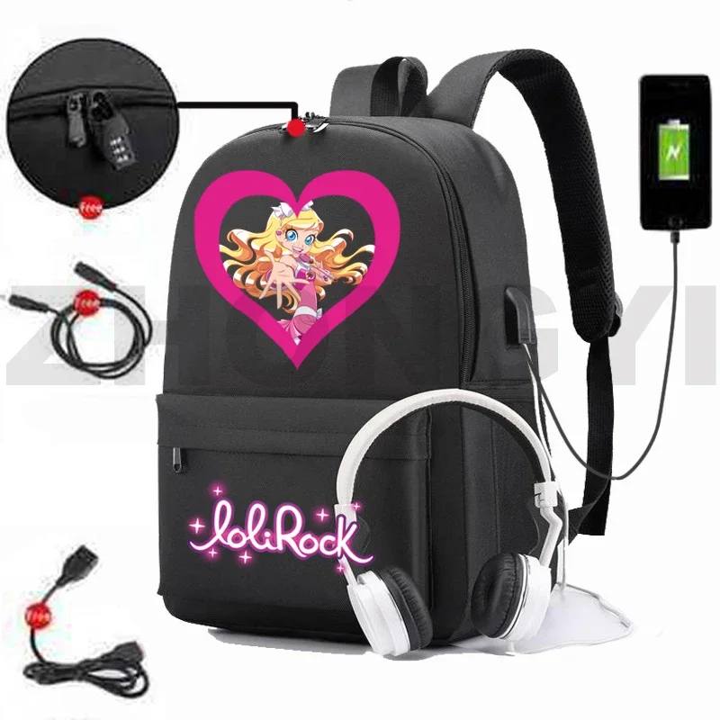 Lolirock Backpack Women Zipper Schoolbags for Teenage Girls LoliRockstar Bookbag Canvas Anime USB Charging Anti-theft Back Pack