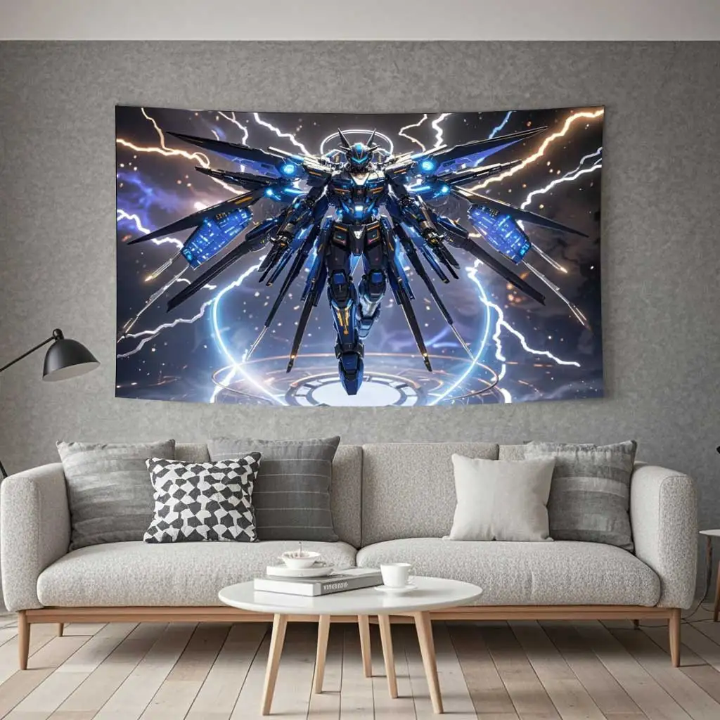 

Custom Tapestry for Future Giant Mecha Knight, with Giant Mechanical Wings, in Space with Magic Circle Lightning Sparks Wall Art
