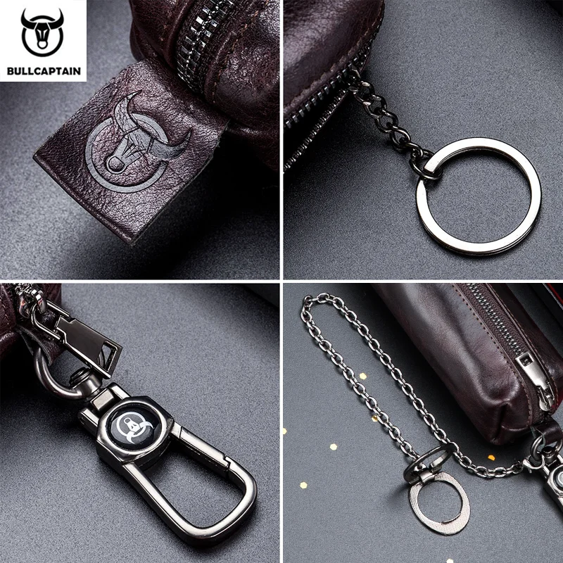 BULLCAPTAIN Genuine Leather Men\'s Car Keychain Leather Key Case High Quality Men\'s Butler Key Clip Zipper Two Card Key Case