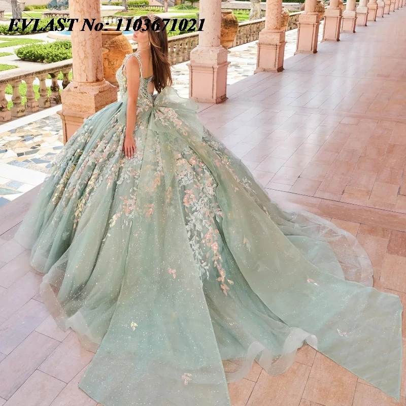 EVLAST Mint Mexican Ball Gown Quinceanera Dress 3D Floral Lace Beading Corset With Cape Bow Sweet 16 Vestidos De XV Anos SQ264