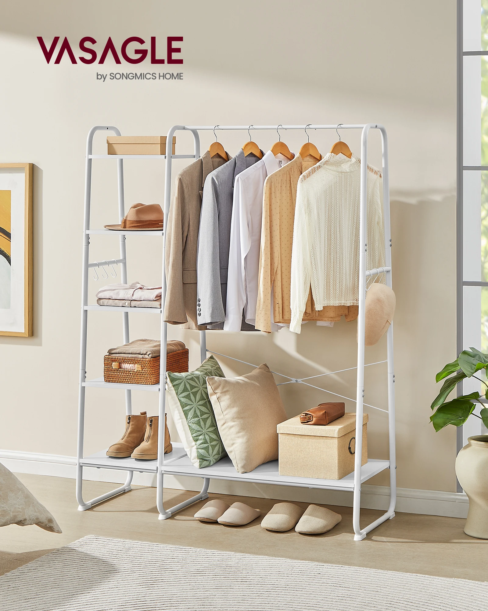 VASAGLE Clothes Rail, Clothes Rack with Shoe Shelf, 5-Tier Storage Rack, 6 Side Hooks