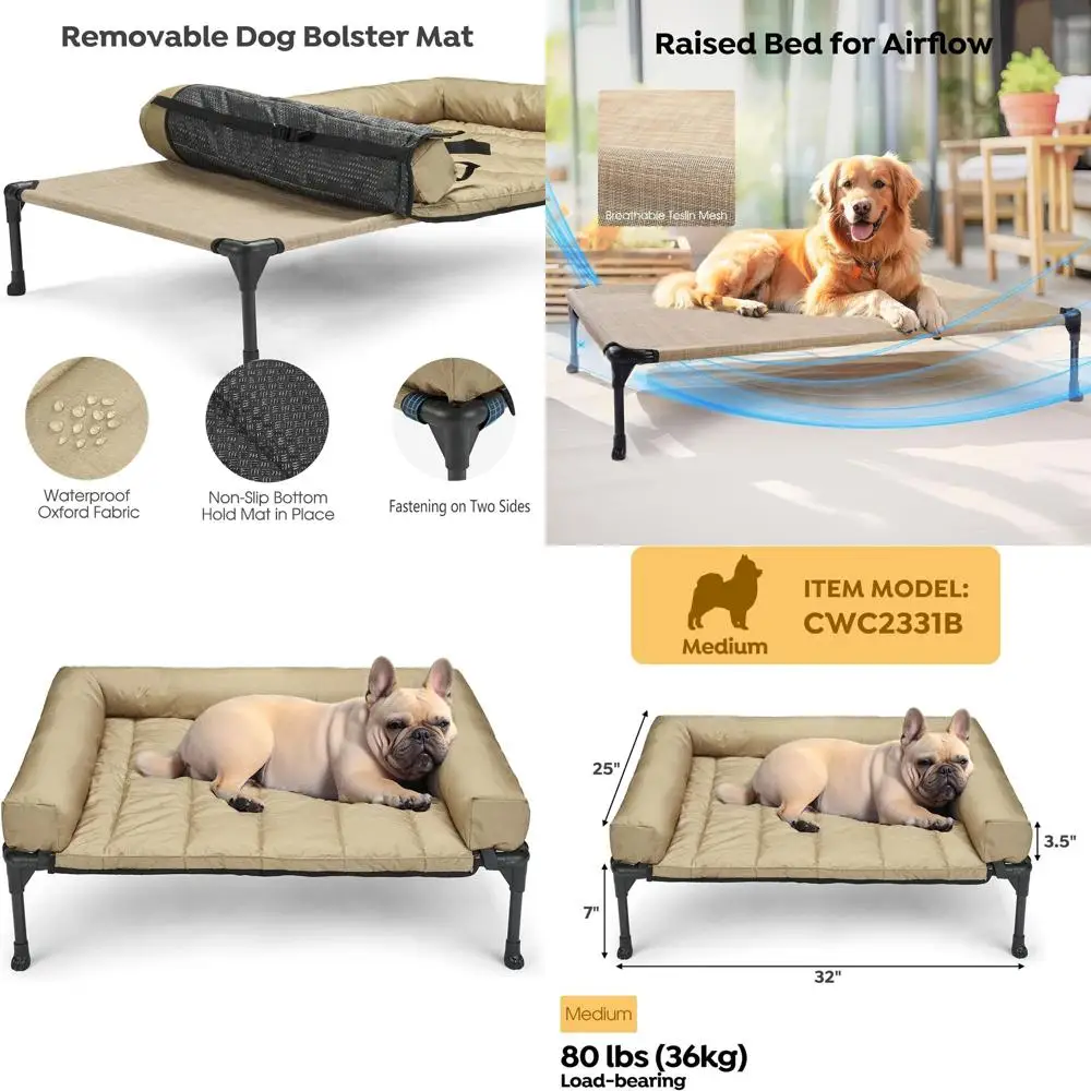 

Приподнятая кровать для собак со съемной водонепроницаемой подушкой-подголовником, дышащей сеткой и нескользящими ножками, подходит для использования в помещении