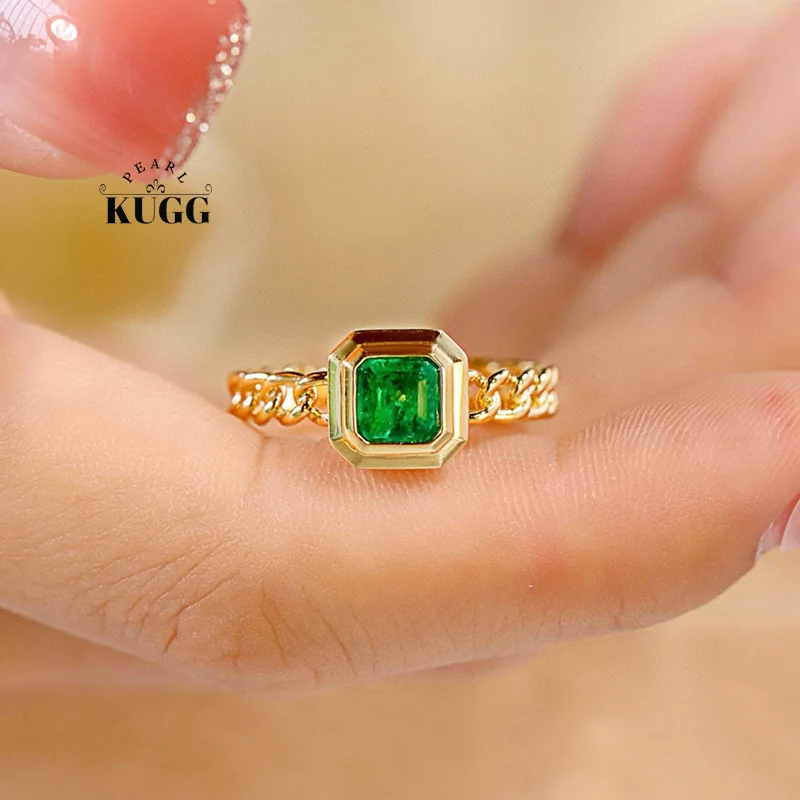 

KUGG 100% 18K Yellow Gold Rings Fashion Square Shape Real Natural Emerald Engagement Ring for Women High Wedding Jewelry