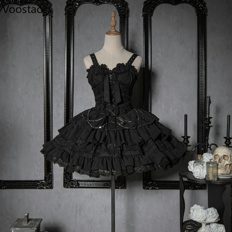 Gothic Lolita Jsk Dress Victorian Vintage Women Elegant Bandage Princess Mini Dress Girls Cute Y2k Aesthetic Punk Party Dress