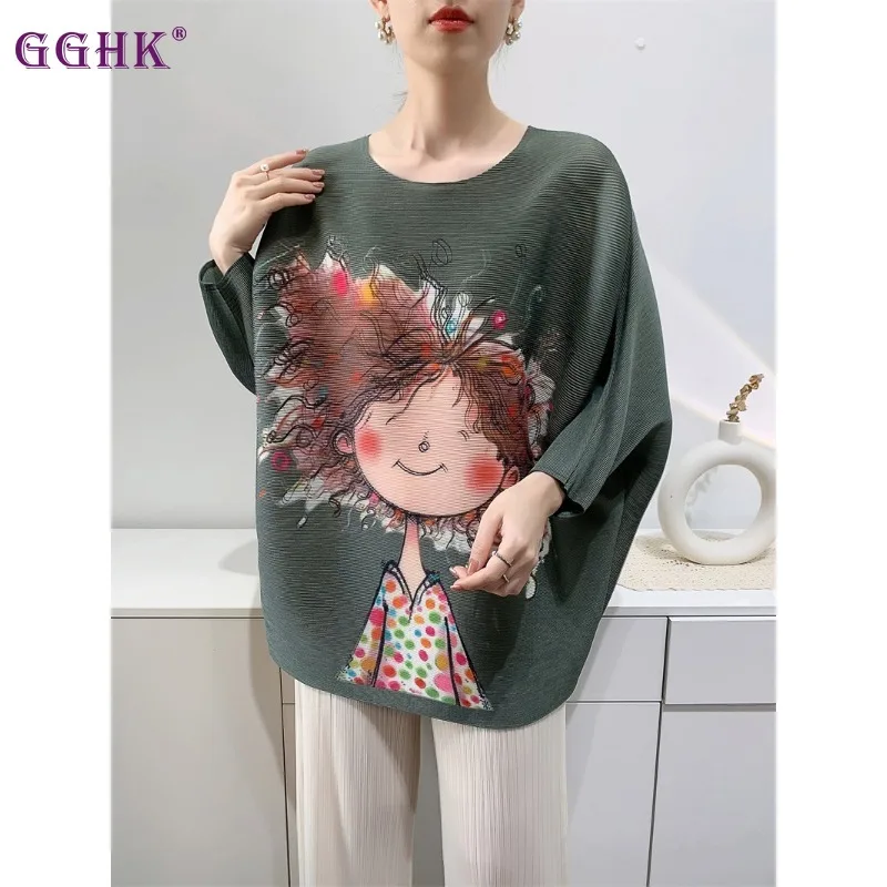 

GGHK 2024 Spring and Summer New Pleated Printed Top Cartoon Pattern T-shirt Seven Sleeve Loose Women Tops