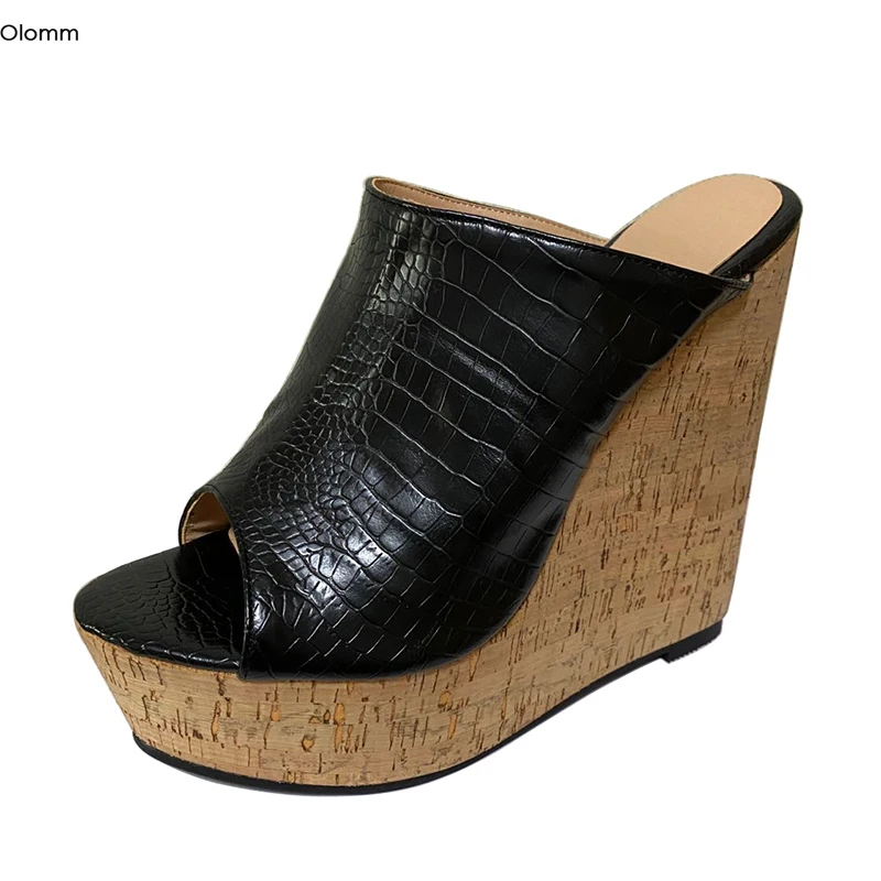

Olomm/женские шлепанцы на платформе с каменным узором на танкетке, элегантные черные модельные туфли на высоком каблуке с открытым носком, женские американские большие размеры 5-20