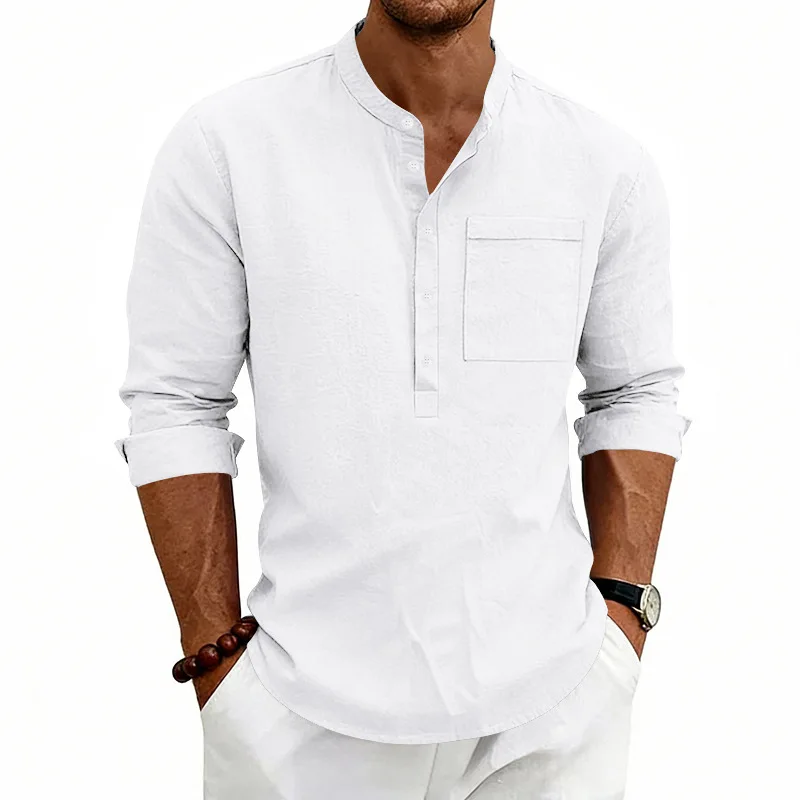Men's Henley Collar Linen Blend Long Sleeve Shirt Half Button Placket Chest Pocket Casual Loose Summer Beach Shirts