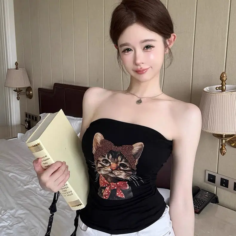 Summer New Pure Desire Sexy One-Shoulder Tube Top Women Slimming Versatile Fixed Strap Chest Pad Top Nylon Cotton Spandex Blend