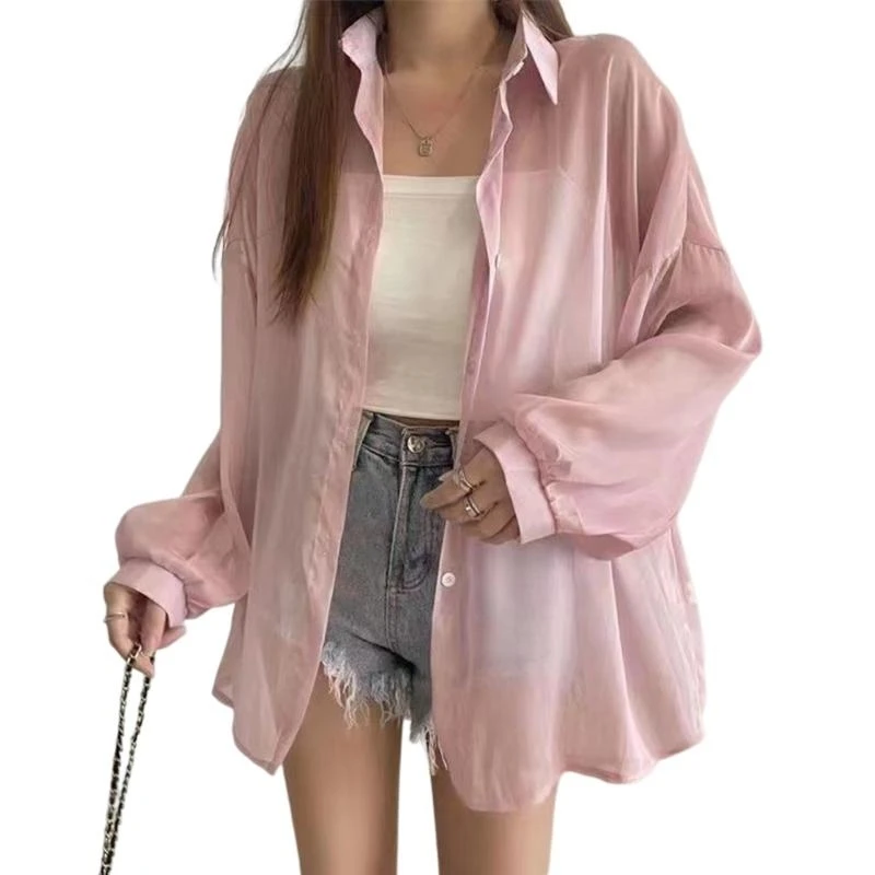 

Y5GC Women Y2K Button Down Shirt Blouses See Through Long Sleeve Top Vintage Shirt
