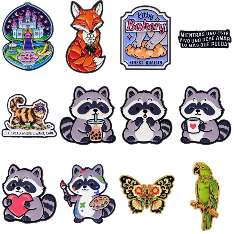 Cute Animal Enamel Pin Set Castle Fox Cat Raccoon Parrot Butterfly Brooch Backpack Hat Clothes Accessory Pet Lovers Gifts