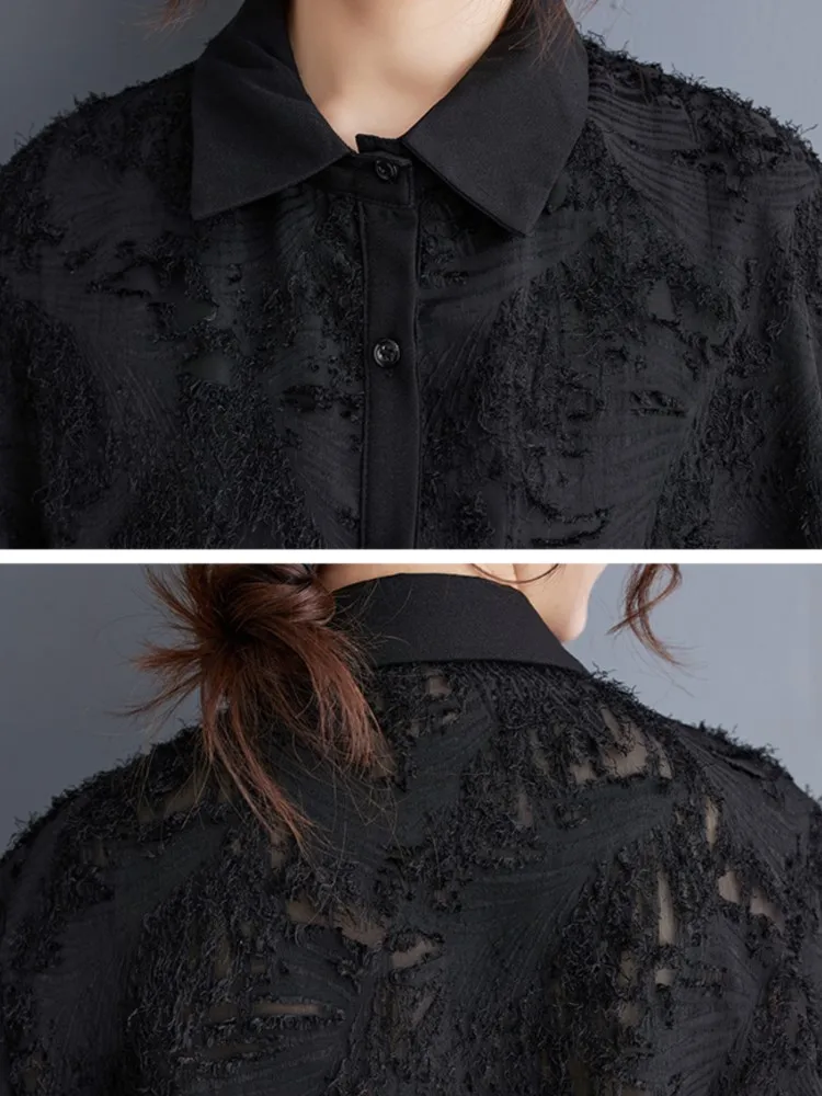 Oversized Autumn Shirt Women Fringe Print Fashion Patchwork Irregular Pleated Ladies Blouses Long Sleeve Loose Woman Shirt 2023