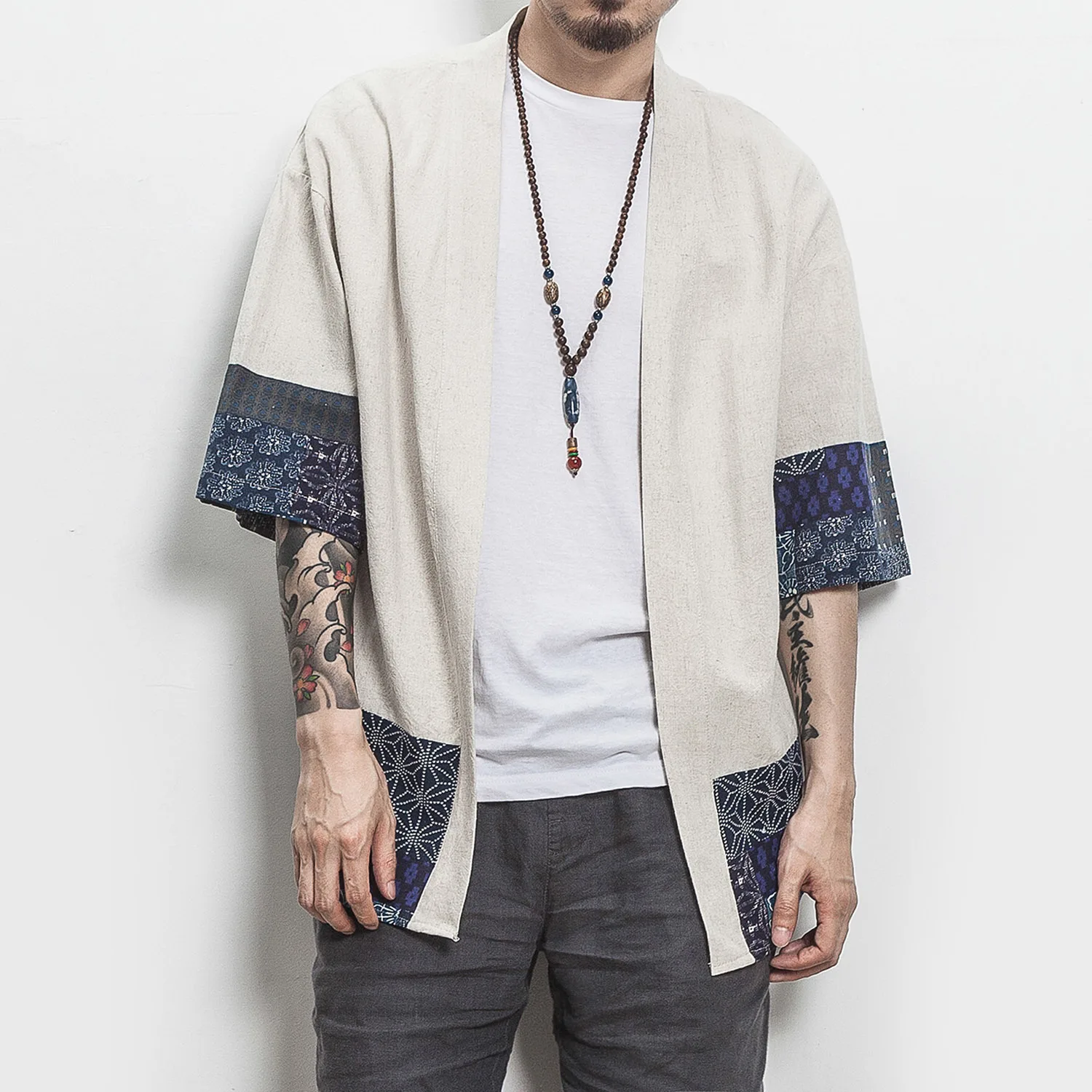 Summer new men\'s cardigan Chinese style linen natural color patchwork men\'s cardigan solid color cotton linen men\'s cardigan