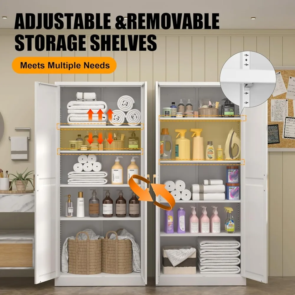 

71" Tall Metal Storage Cabinet, Kitchen Pantry Storage Cabinets with Doors and 4 Shelves, White Pantry