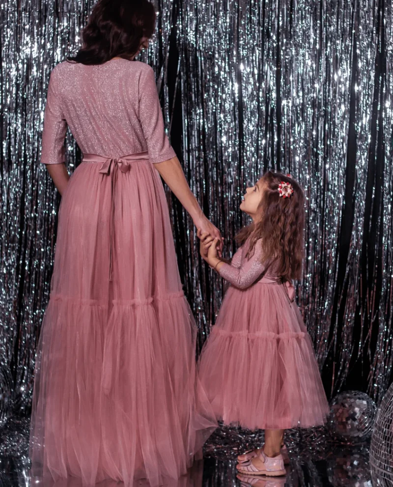 Two Pieces Pink Powder Mother Daughter Matching Gowns Girls Birthday Party Photo Session Wedding Guest Mommy And Me Special Day