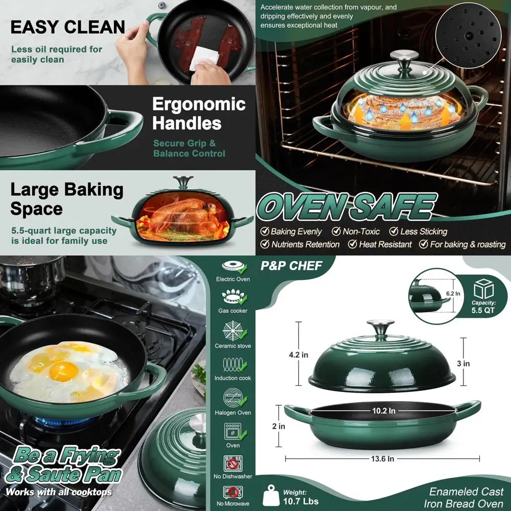 

Enameled Cast Iron Dutch Oven, 5.5 Qt, for Sourdough Bread Baking, Dark Green, Even Heat Distribution, Easy Clean